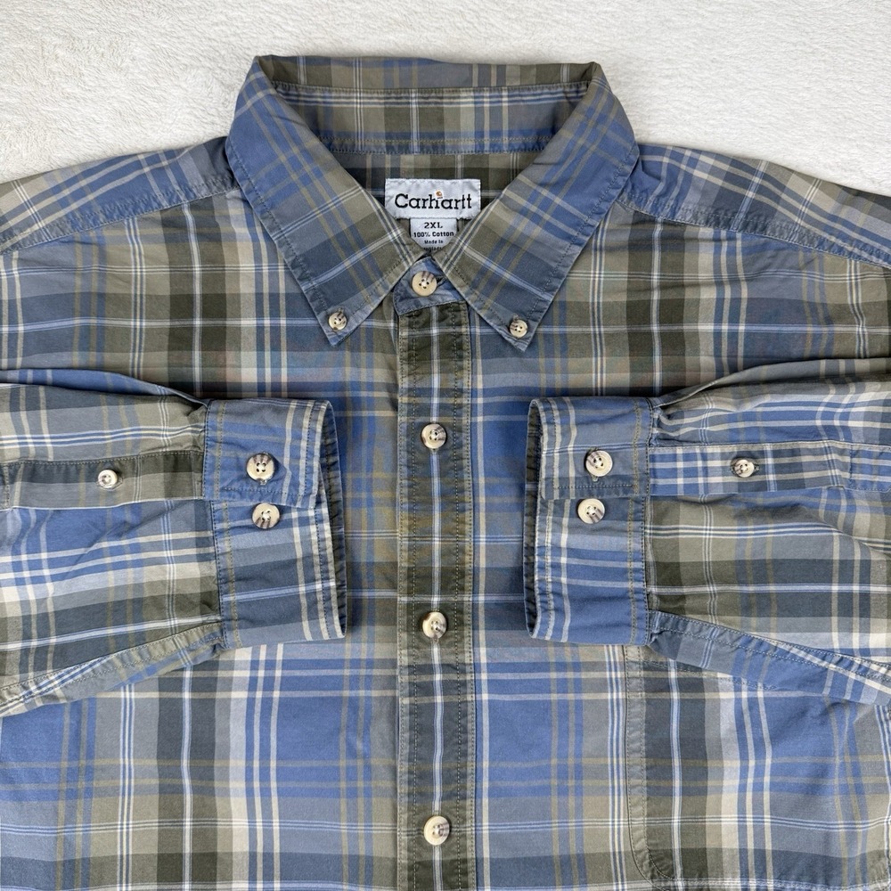 Carhartt Men's Long Sleeve 100%Cotton Button Down Shirt Blue/Gray Plaid Size 2XL